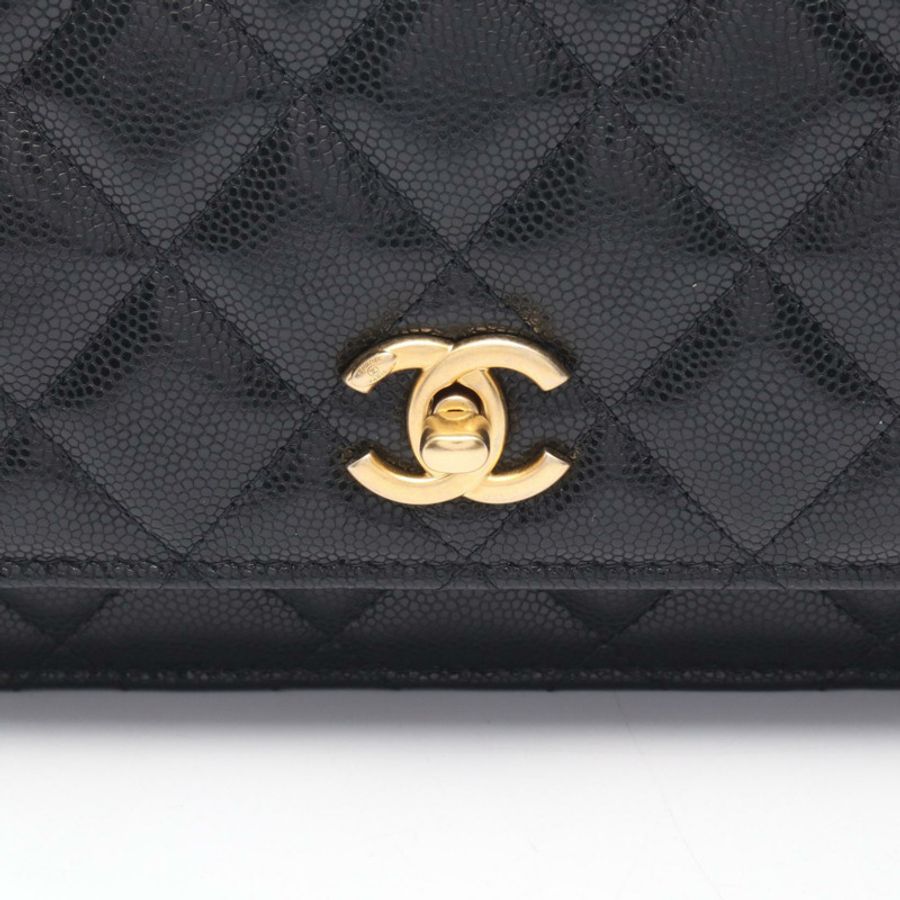 香奈兒 (CHANEL) Matelasse 鏈條肩背斜背包,小牛皮,黑色,金色五金,二手 CC-7