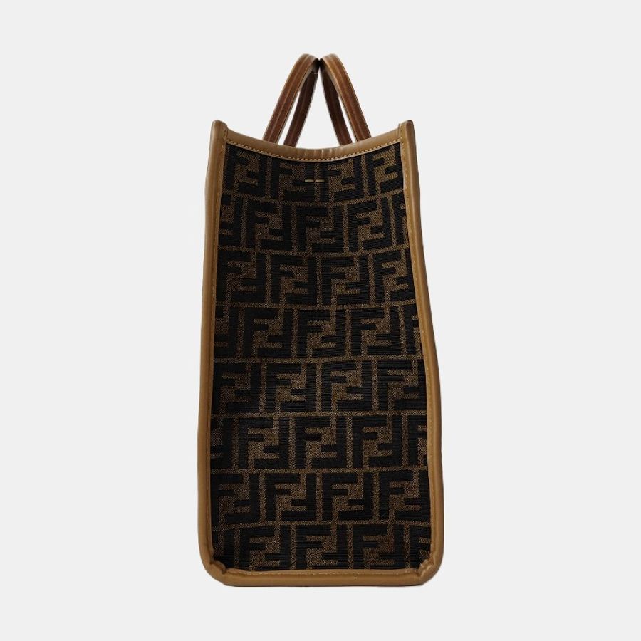 FENDI Sunshine 中號 深棕色織物雙F單肩包手提包斜挎包 金色五金-1