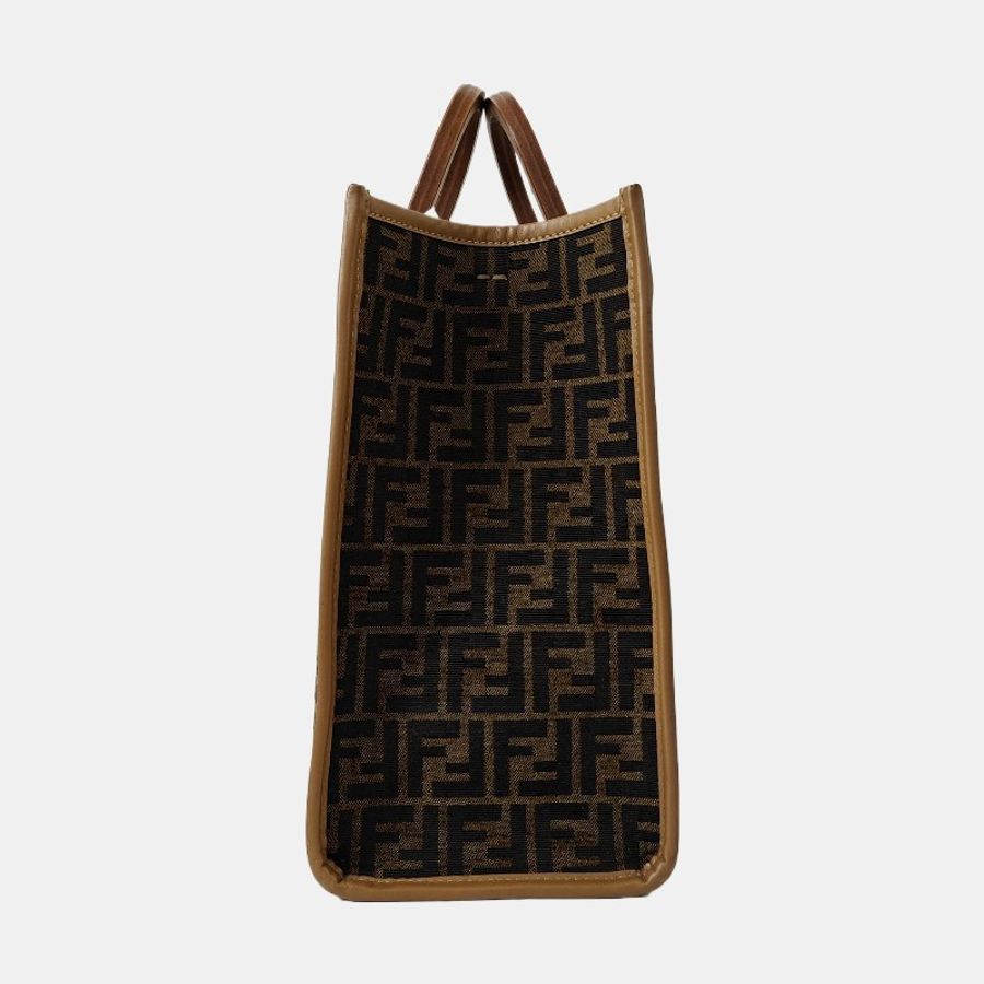 FENDI Sunshine 中號 深棕色織物雙F單肩包手提包斜挎包 金色五金-2