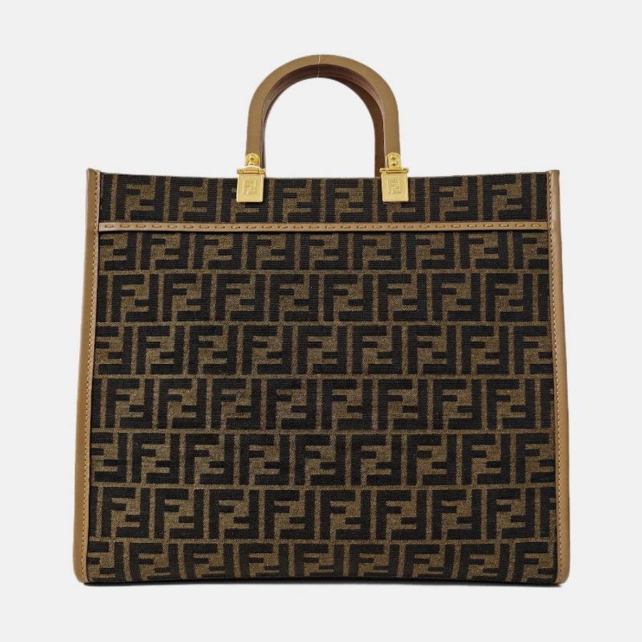 FENDI Sunshine 中號 深棕色織物雙F單肩包手提包斜挎包 金色五金-3