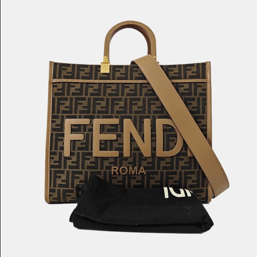 FENDI Sunshine 中號 深棕色織物雙F單肩包手提包斜挎包 金色五金-6