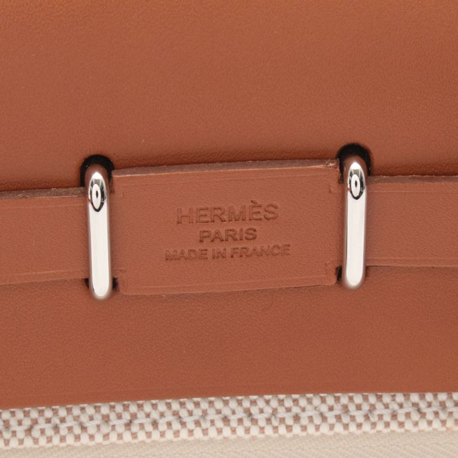 愛馬仕 Herbag Zip Mini 米白色/淡褐色肩背包，Toile H 帆布/Vache 皮革，獵人棕色/米色，二手女款-3
