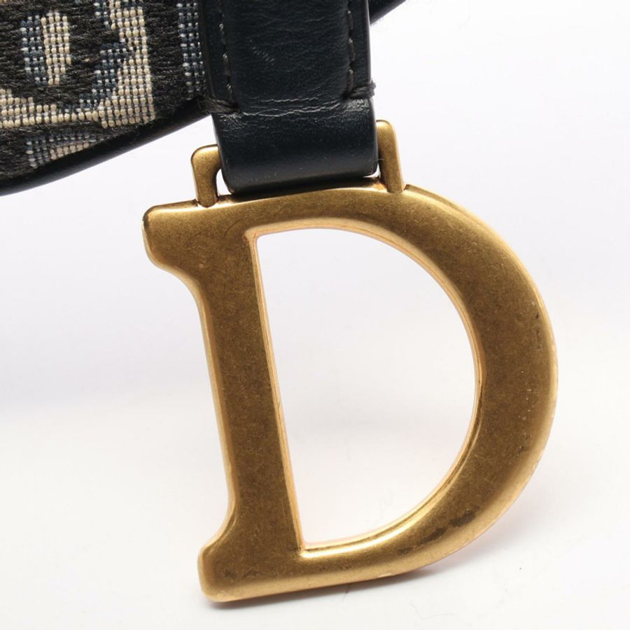 Christian Dior 迷你馬鞍形提花手提包，帆布皮革，海軍藍/米色-6