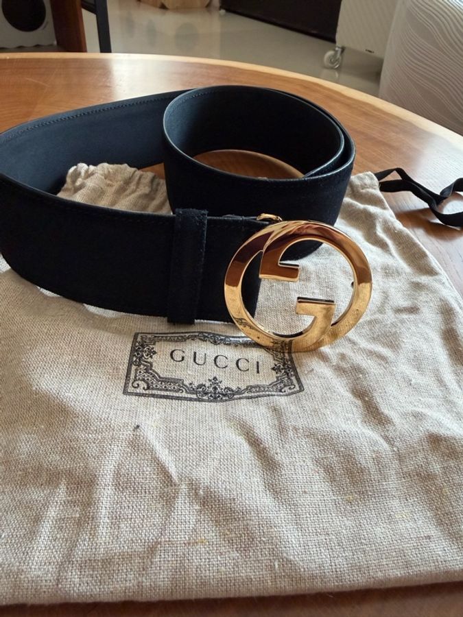 【近全新】GUCCI Interlocking G 麂皮皮帶|黑色 × 金色大 GG 扣|義大利製-0