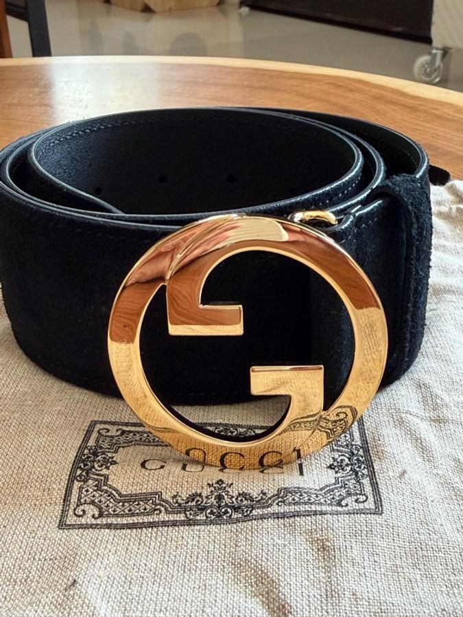 【近全新】GUCCI Interlocking G 麂皮皮帶|黑色 × 金色大 GG 扣|義大利製-7