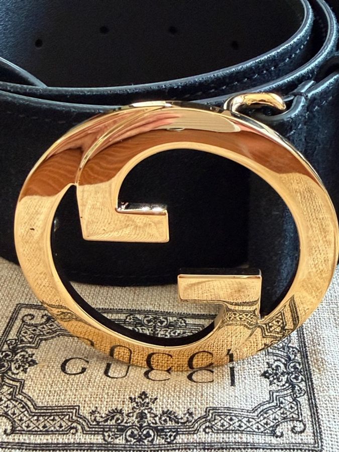 【近全新】GUCCI Interlocking G 麂皮皮帶|黑色 × 金色大 GG 扣|義大利製-13