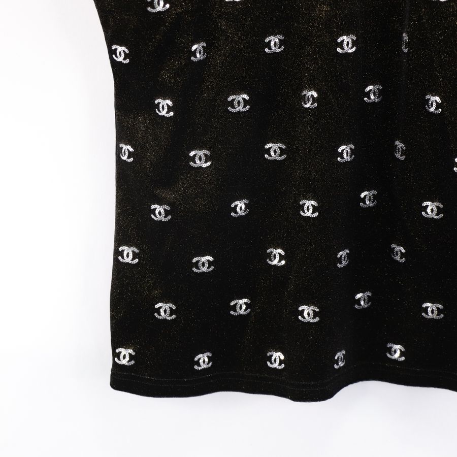 2020年 Chanel 香奈兒 Logo 絲絨 黑色 金粉 高領 短袖上衣-7