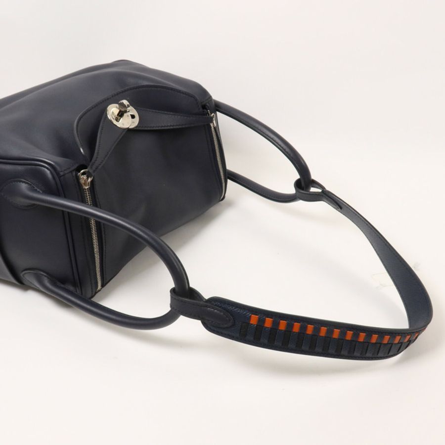 HERMES Swift皮革/Epsom皮革Lindy 26手挽肩背兩用袋Bleu Indigo/Orange Poppy-7