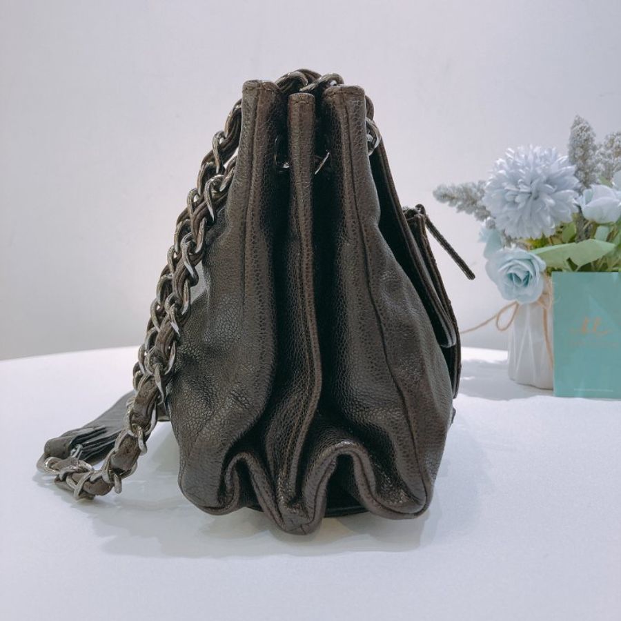 TW4919 Chanel 香奈兒 中古 荔枝皮 單肩袋Giazed Caviar Leather Pocket Shoulder Bag Dark Brown-2