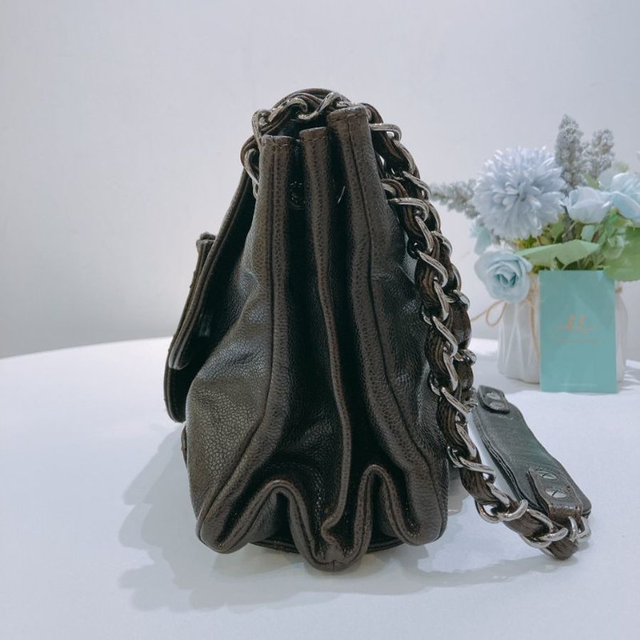 TW4919 Chanel 香奈兒 中古 荔枝皮 單肩袋Giazed Caviar Leather Pocket Shoulder Bag Dark Brown-3