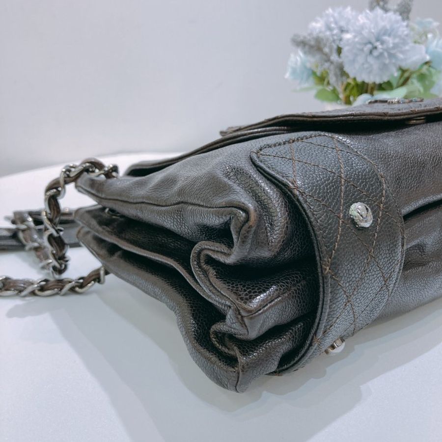 TW4919 Chanel 香奈兒 中古 荔枝皮 單肩袋Giazed Caviar Leather Pocket Shoulder Bag Dark Brown-5