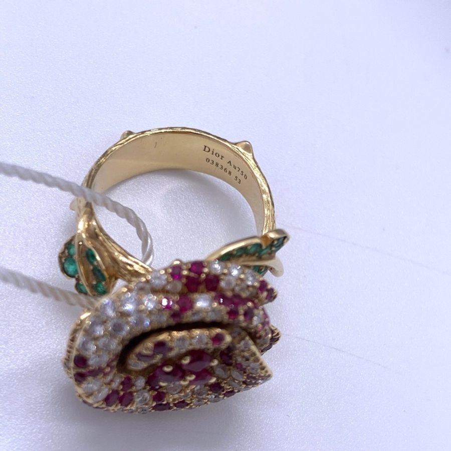 Dior 高級珠寶系列巴黎玫瑰園戒指 53號尺寸 18 K黃金基底,花瓣密鑲紅寶石+鑽石,花葉部分鑲嵌祖母綠-6