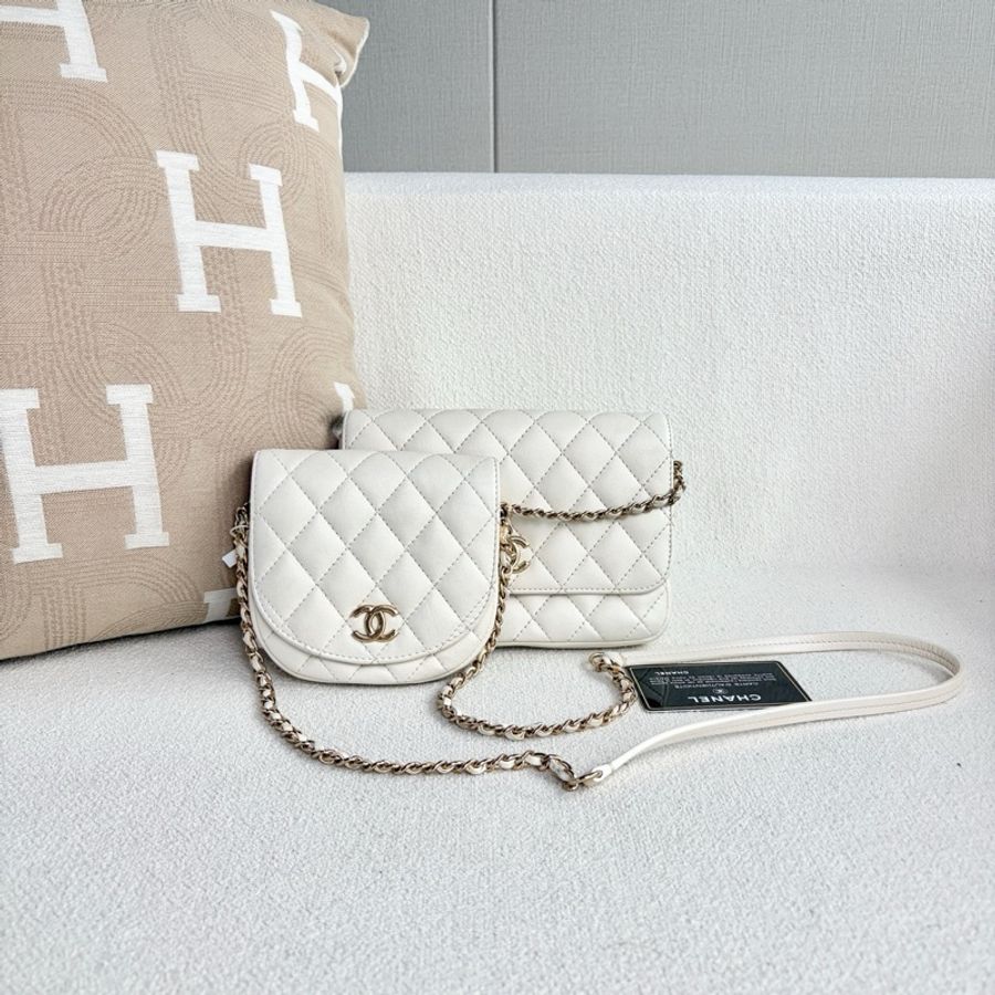 98新 Chanel香奈兒雙子星白金子母包 白色 金扣 羊皮-1