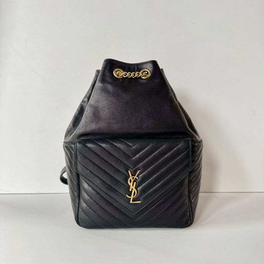 YSL SAINT LAURENT 672609 黑色 小羊皮 金釦 束口 後背包 雙肩包-0
