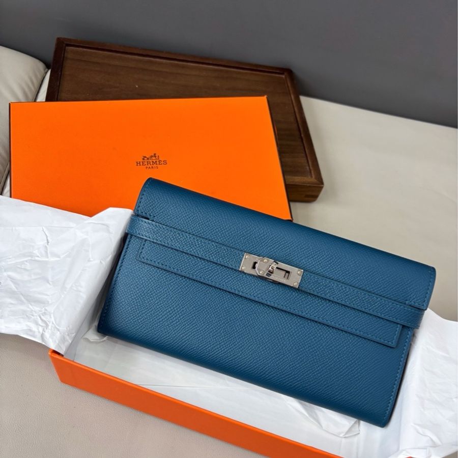 【近新閒置品】愛馬仕Hermes 深藍色銀扣Kelly長款錢包長夾 epsom皮A刻-0
