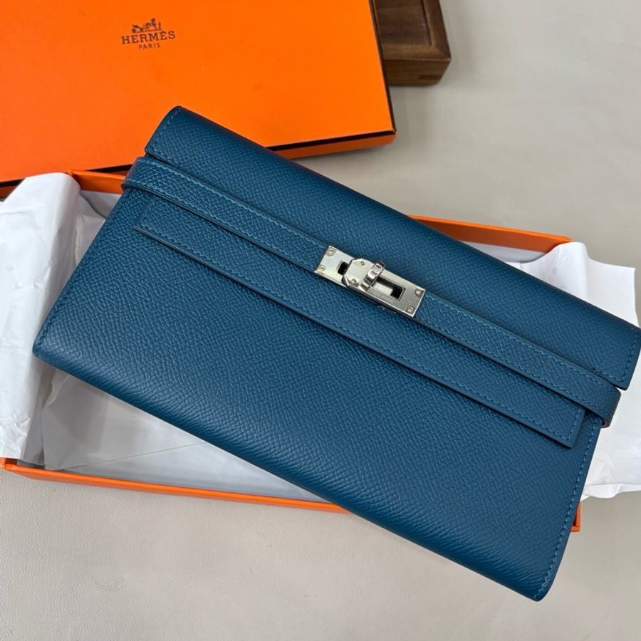 【近新閒置品】愛馬仕Hermes 深藍色銀扣Kelly長款錢包長夾 epsom皮A刻-1