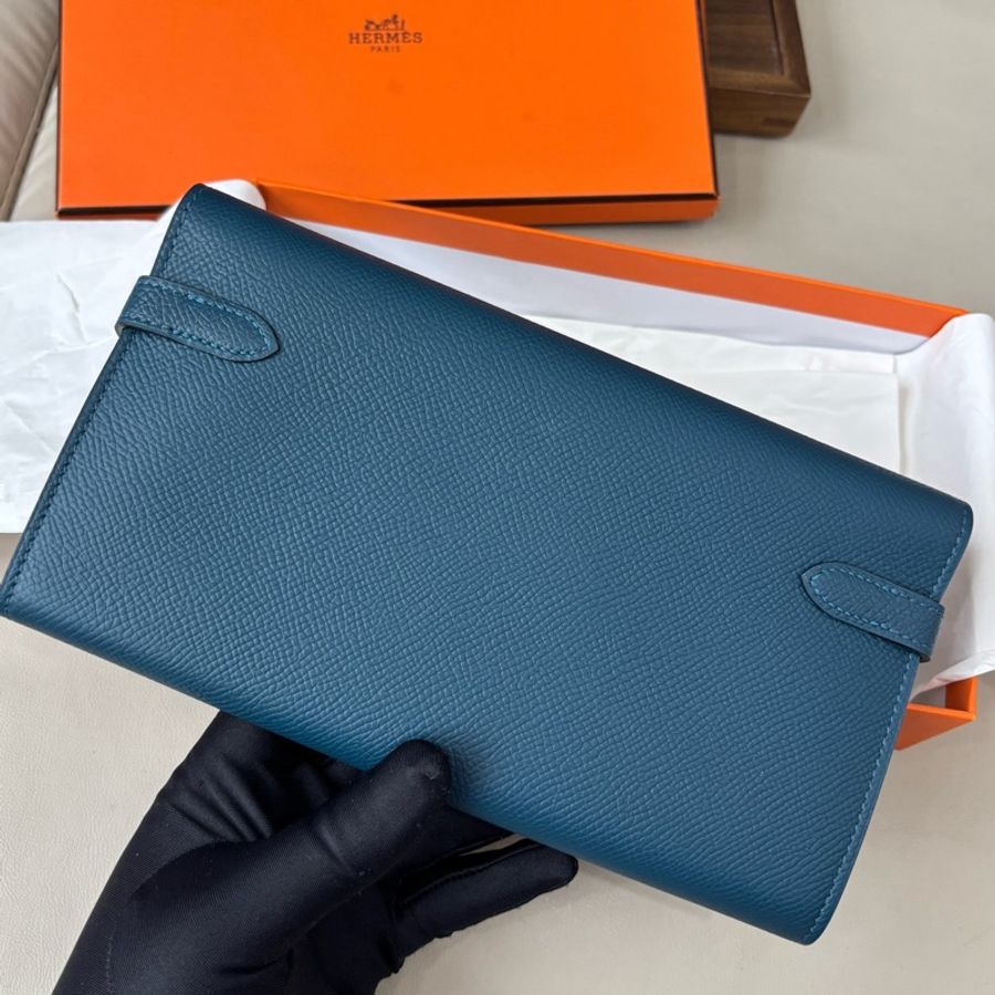 【近新閒置品】愛馬仕Hermes 深藍色銀扣Kelly長款錢包長夾 epsom皮A刻-2