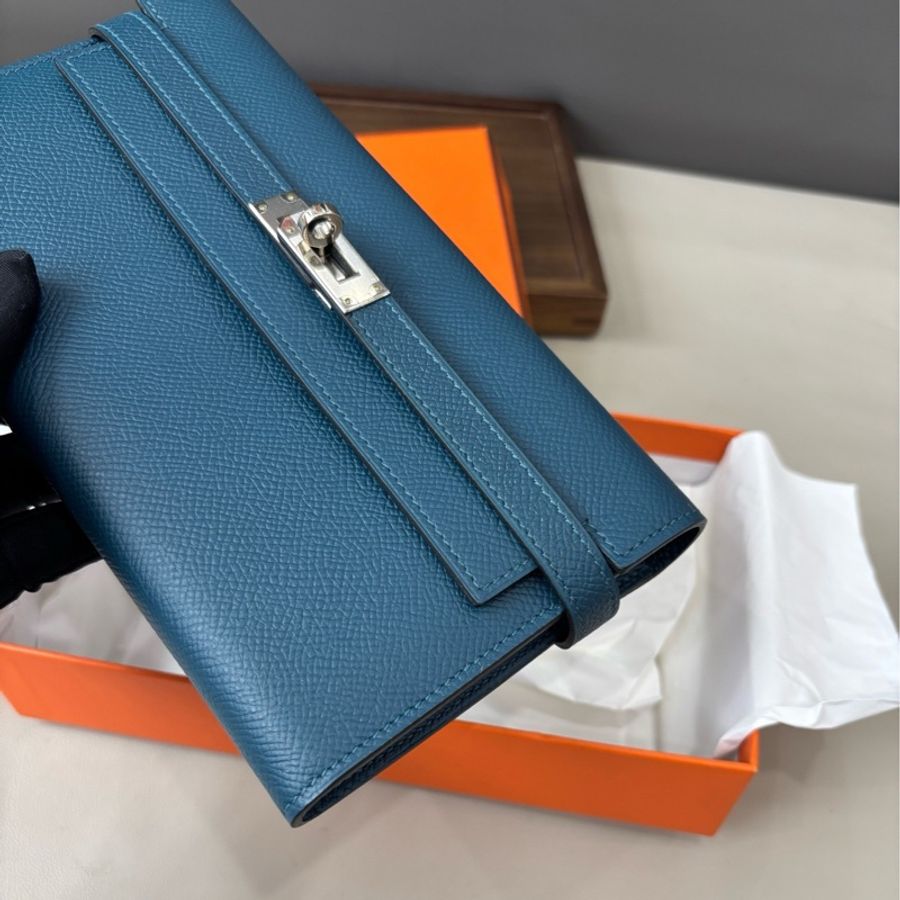 【近新閒置品】愛馬仕Hermes 深藍色銀扣Kelly長款錢包長夾 epsom皮A刻-4