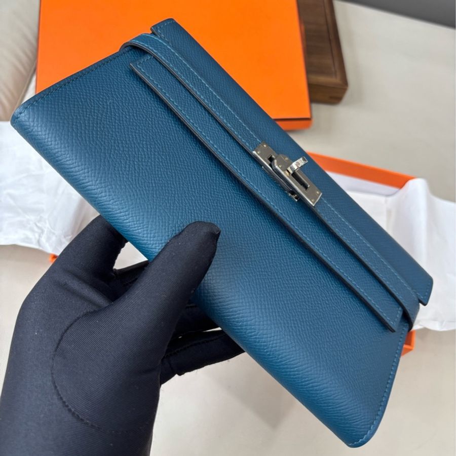 【近新閒置品】愛馬仕Hermes 深藍色銀扣Kelly長款錢包長夾 epsom皮A刻-6