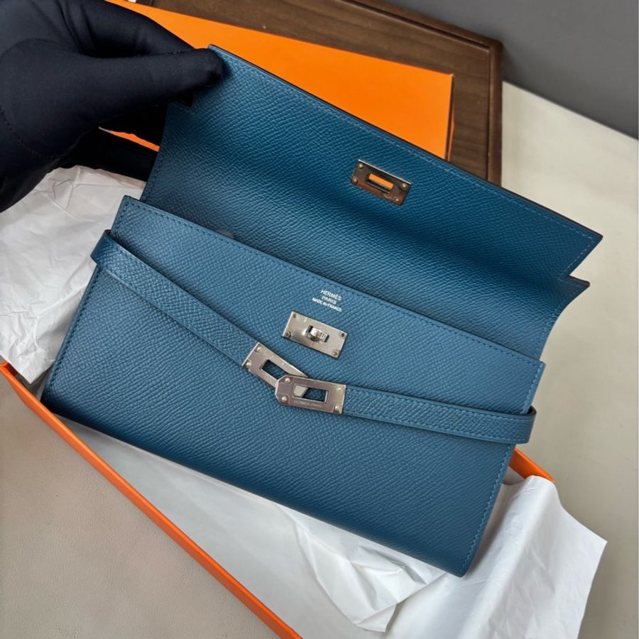 【近新閒置品】愛馬仕Hermes 深藍色銀扣Kelly長款錢包長夾 epsom皮A刻-7