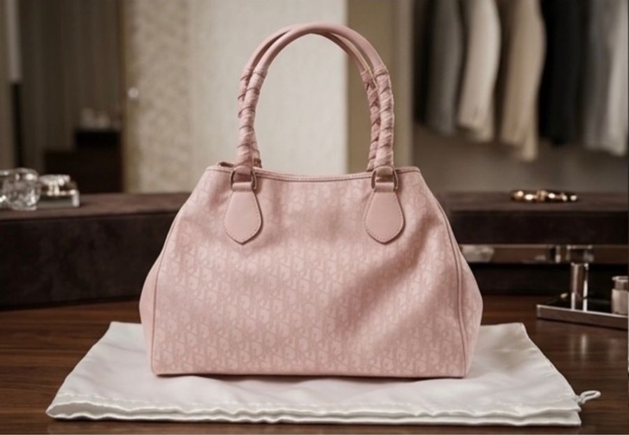 【99%新 / 絕美保存品】Vintage Dior 中古粉色老花芭蕾綁帶托特包 🎀-1