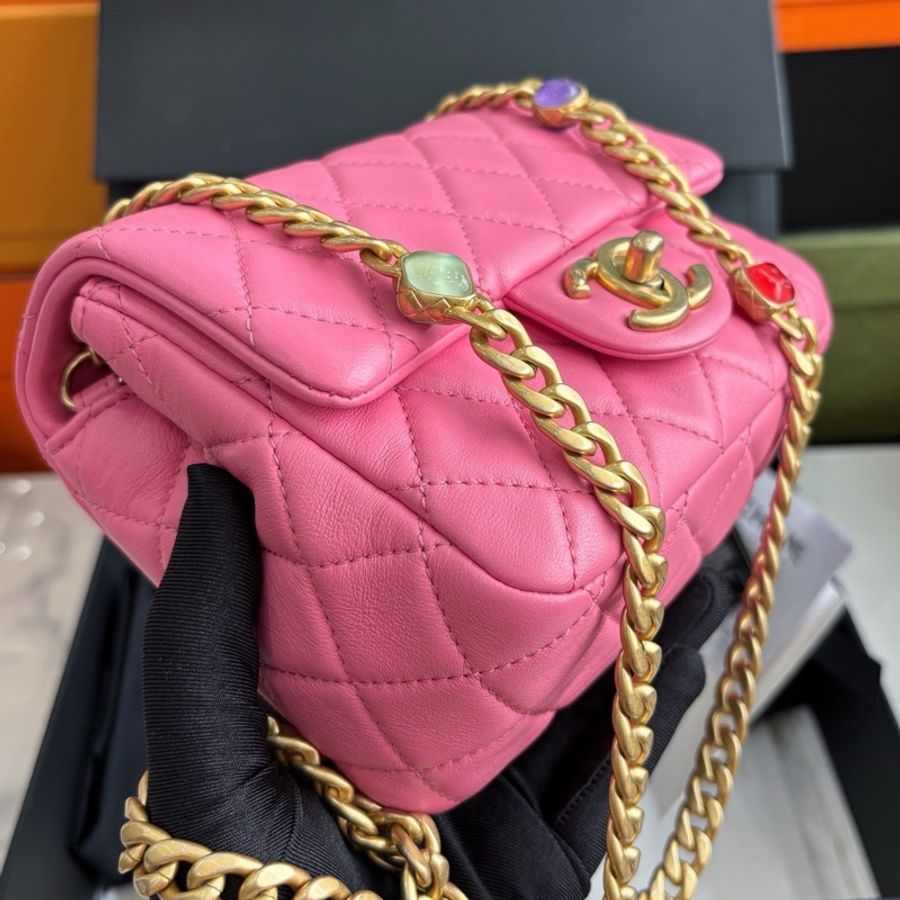 【近新閒置品】香奈兒Chanel 彩色琉璃寶石鏈條包方胖子單肩斜背包，31開有卡-4