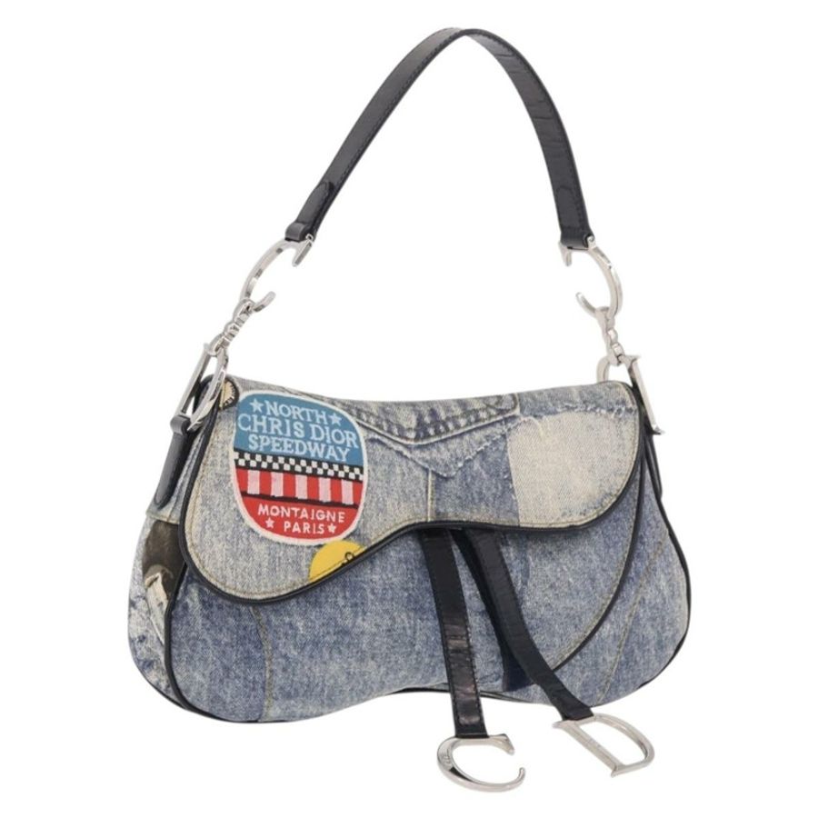 【日本直送】Christian Dior 雙馬鞍手提包 牛仔藍 銀色 正品 190088SAM-0
