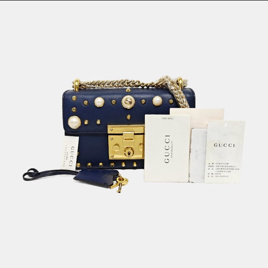 GUCCI Padlock 小號 深藍色牛皮鉚釘單肩包斜挎包-6
