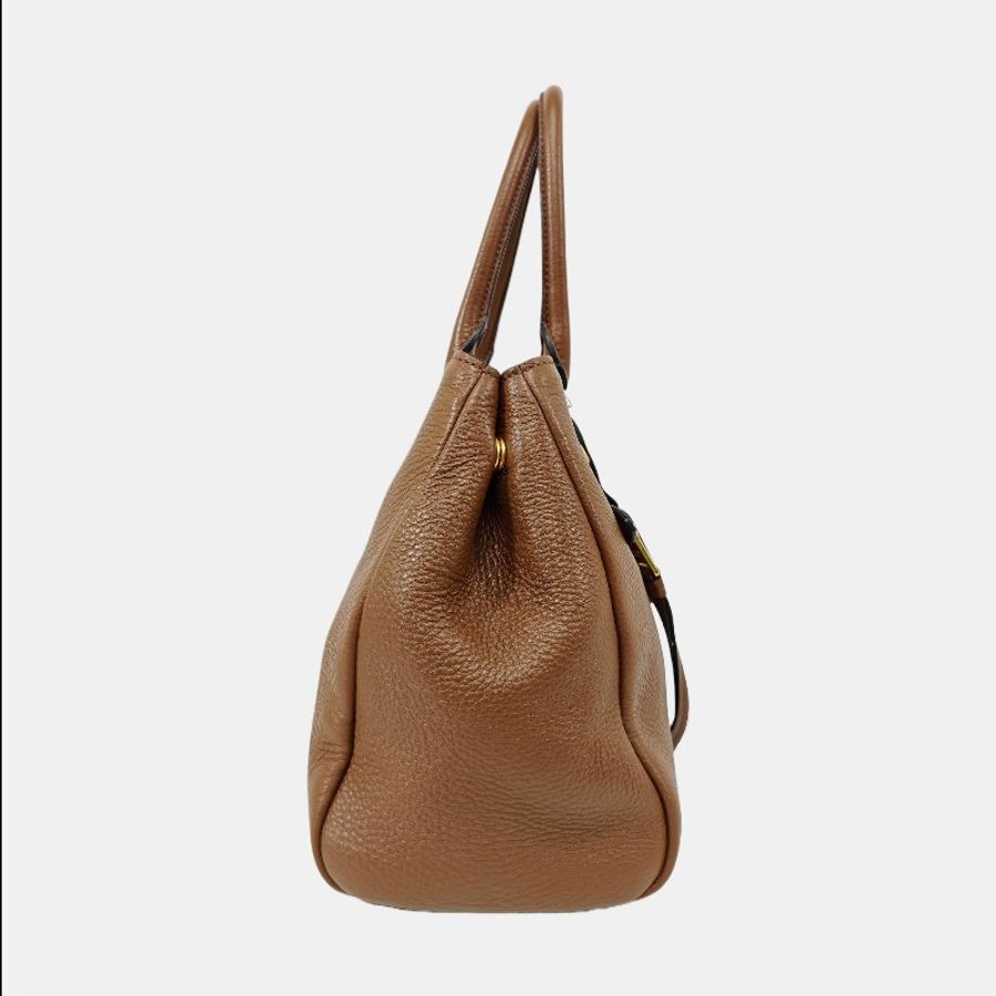 PRADA 棕色牛皮手提包 肩背包 金色五金-2