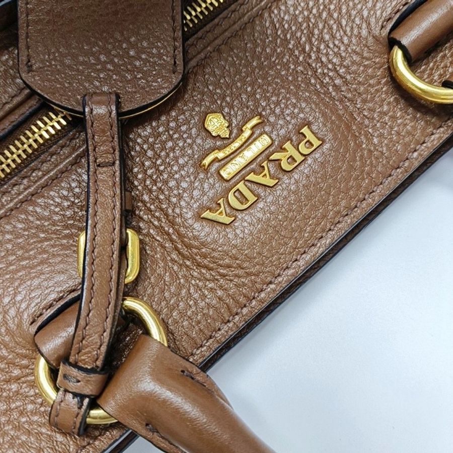 PRADA 棕色牛皮手提包 肩背包 金色五金-6