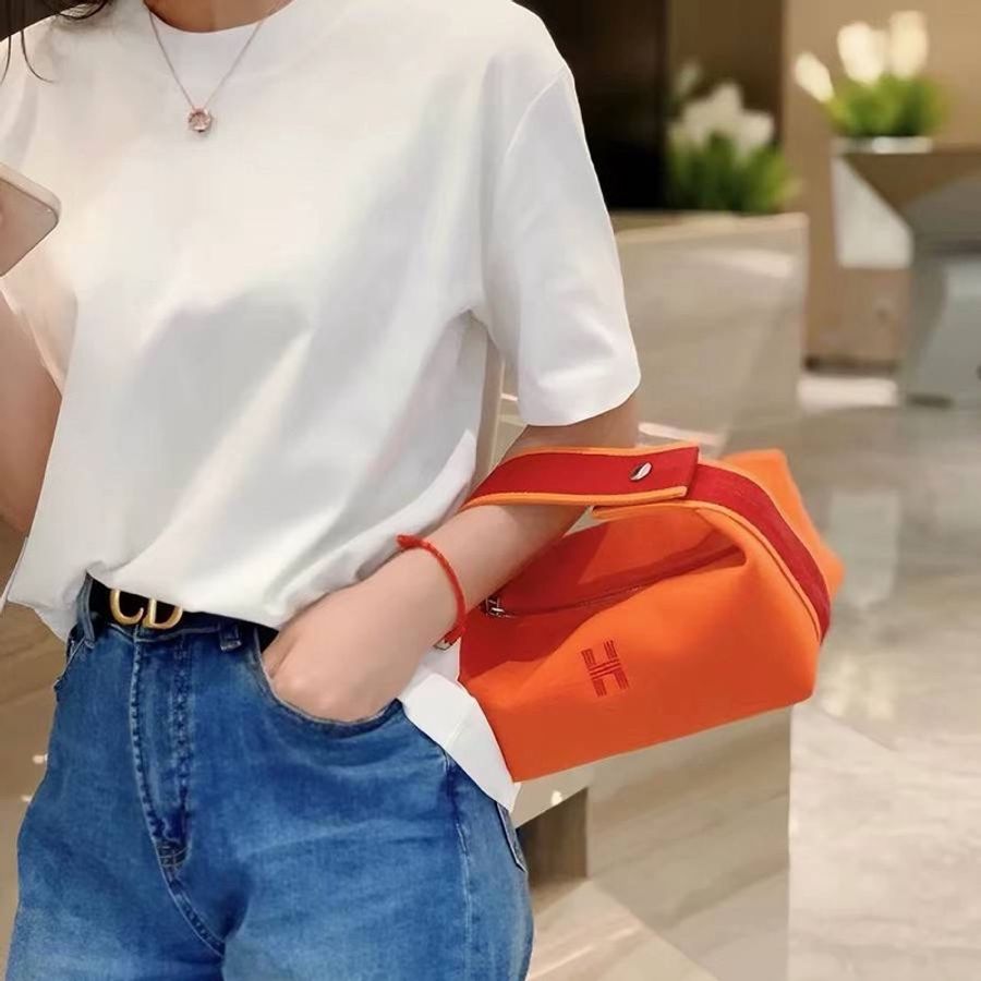 Hermes 愛馬仕 Bride-A-Brac 橘 帆布 手提包 收納包 肩背包 飯盒包 便當袋-6