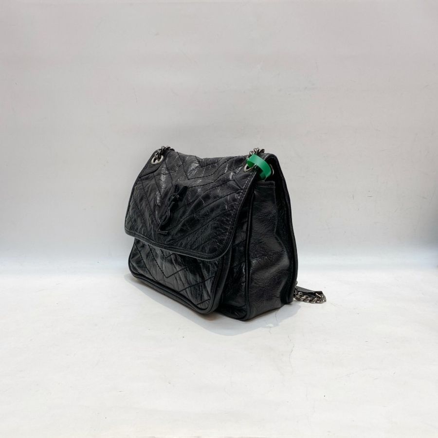 YSL圣罗兰NIKI中号黑银油蜡皮流浪单肩斜挎链条包28*9*21-2