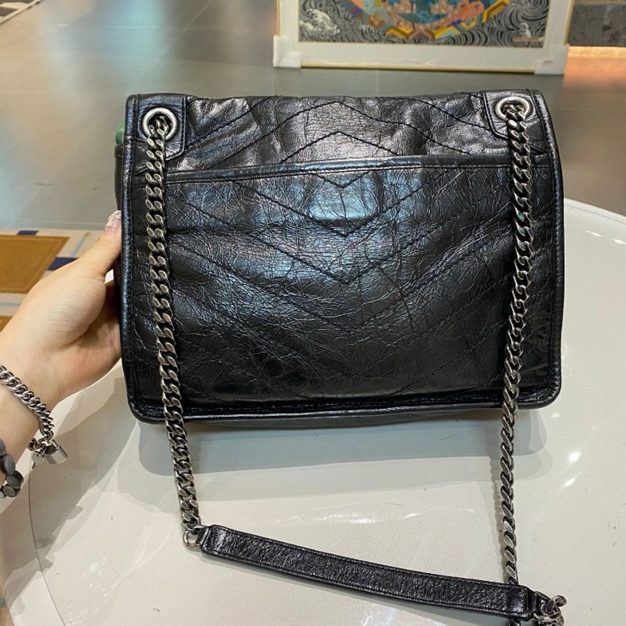 YSL圣罗兰NIKI中号黑银油蜡皮流浪单肩斜挎链条包28*9*21-10