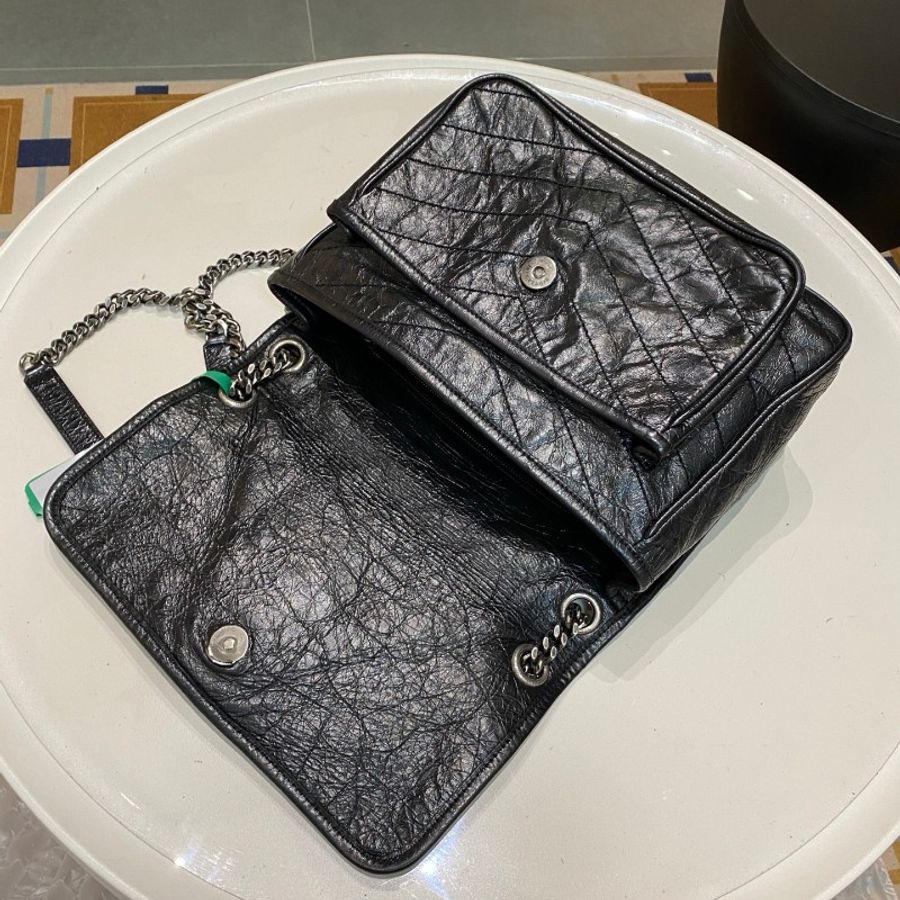 YSL圣罗兰NIKI中号黑银油蜡皮流浪单肩斜挎链条包28*9*21-11