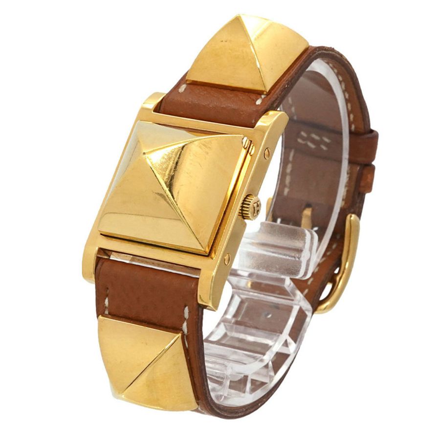 愛馬仕 Medor 女士腕錶,金字塔設計,金色鉚釘,白色和棕色皮革錶帶,石英機芯。-1
