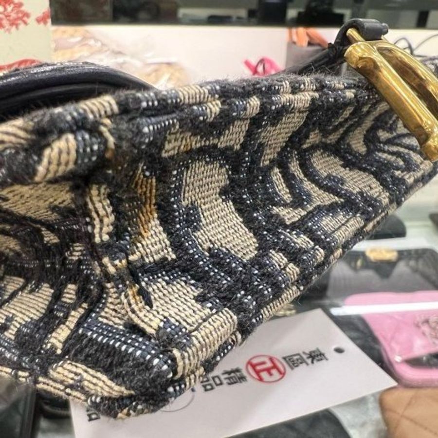 東區正精品㊣DIOR 藍色老花帆布金釦金鍊釦式翻蓋馬鞍胸口包腰包 RZ6519-11
