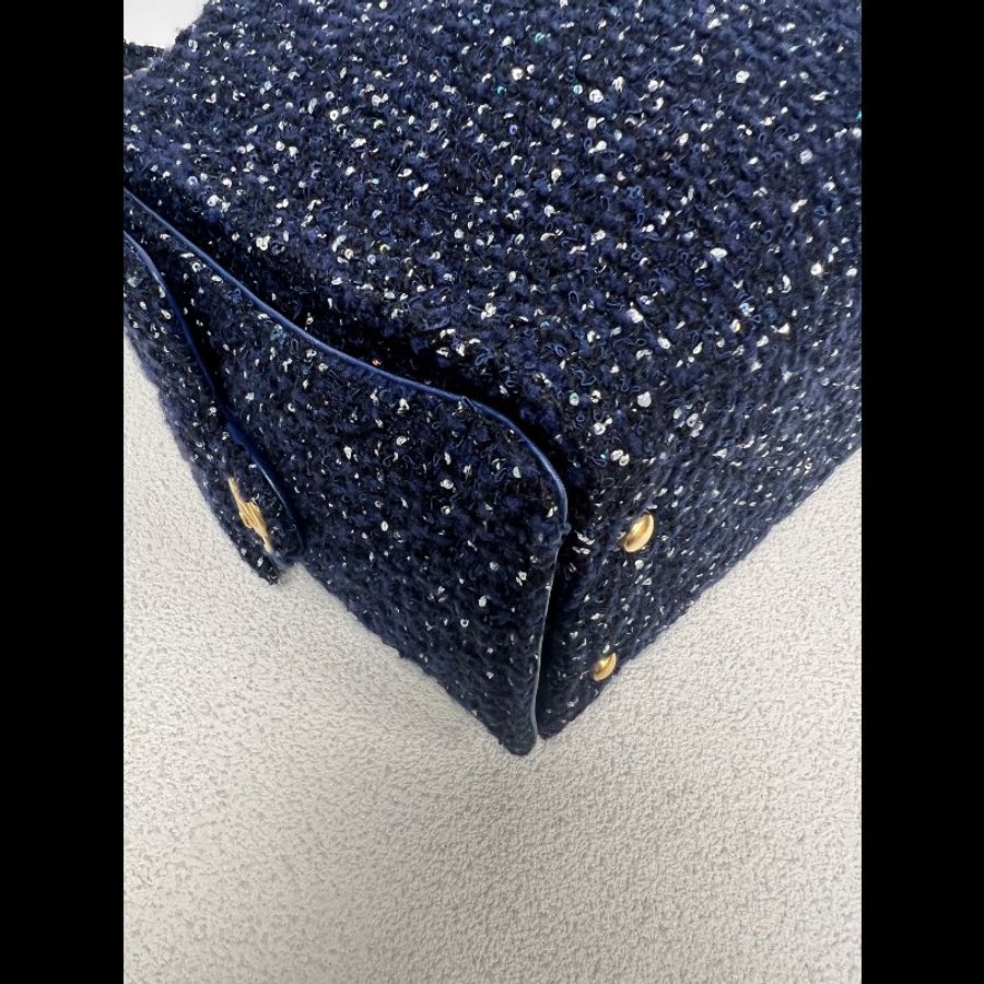 Chanel/香奈兒 深藍色金扣,粗花呢25bag中號,晶片款-2