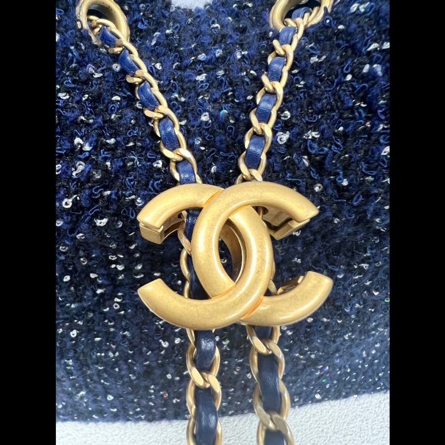 Chanel/香奈兒 深藍色金扣,粗花呢25bag中號,晶片款-8