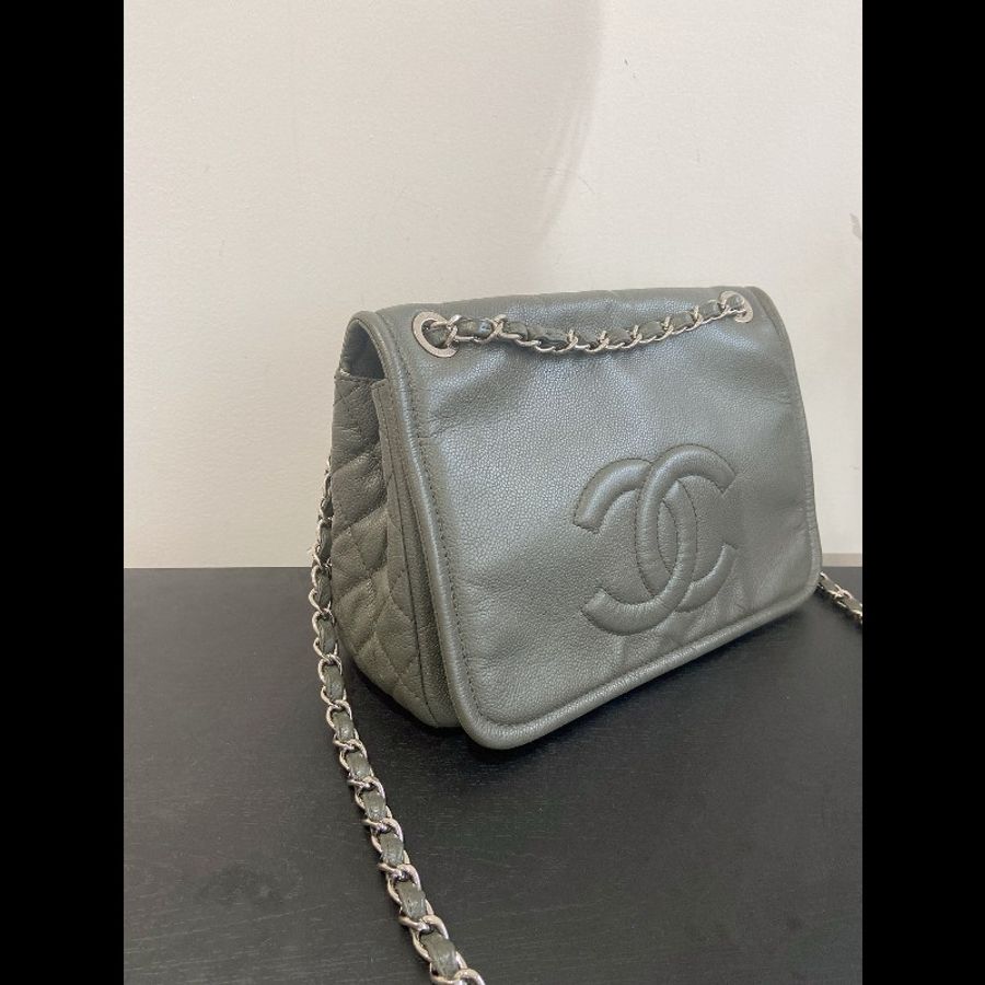 98新 Chanel香奈兒墨綠色 大logo鏈條包鐳射 銀扣 荔枝皮-1