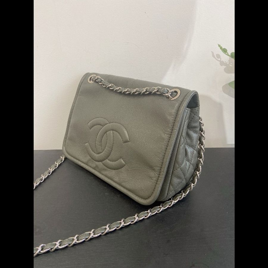 98新 Chanel香奈兒墨綠色 大logo鏈條包鐳射 銀扣 荔枝皮-2