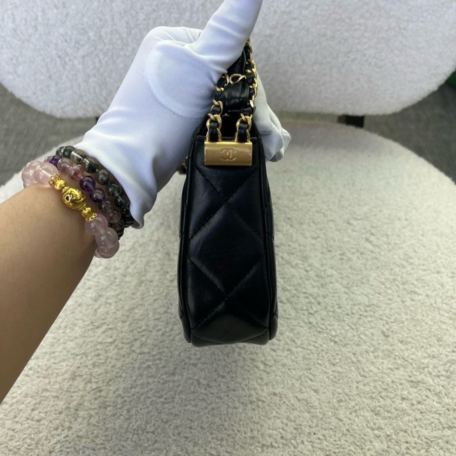 Chanel/香奈兒 23K黑金腋下hobo包單肩包 大號 芯片款-2