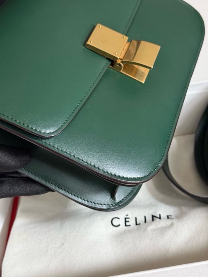 CELINE賽琳 Classic Box 墨綠色金扣經典豆腐包斜挎單肩包 有塵袋 尺寸:長24cm 寬7cm 高17cm。-7