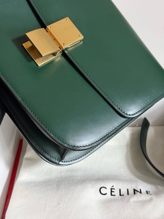 CELINE賽琳 Classic Box 墨綠色金扣經典豆腐包斜挎單肩包 有塵袋 尺寸:長24cm 寬7cm 高17cm。-8