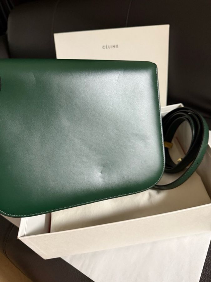 CELINE賽琳 Classic Box 墨綠色金扣經典豆腐包斜挎單肩包 有塵袋 尺寸:長24cm 寬7cm 高17cm。-10