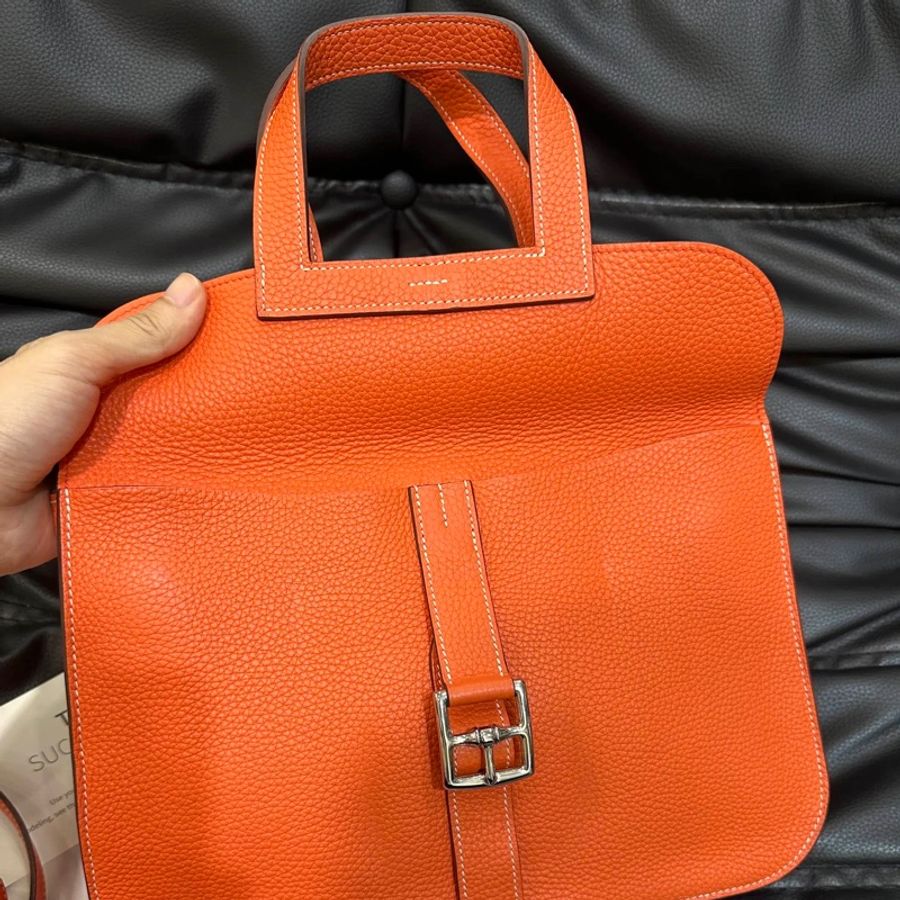 🧡Hermes愛馬仕 halzan 31 togo皮 火焰橙 銀扣 手提包斜背包-1