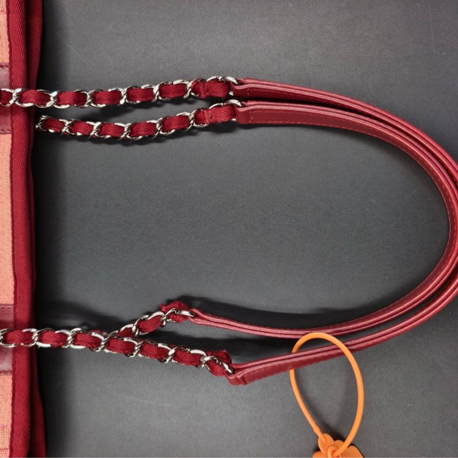 CHANEL 香奈兒 沙灘包 粉色帆布拼皮單肩包斜挎包-6
