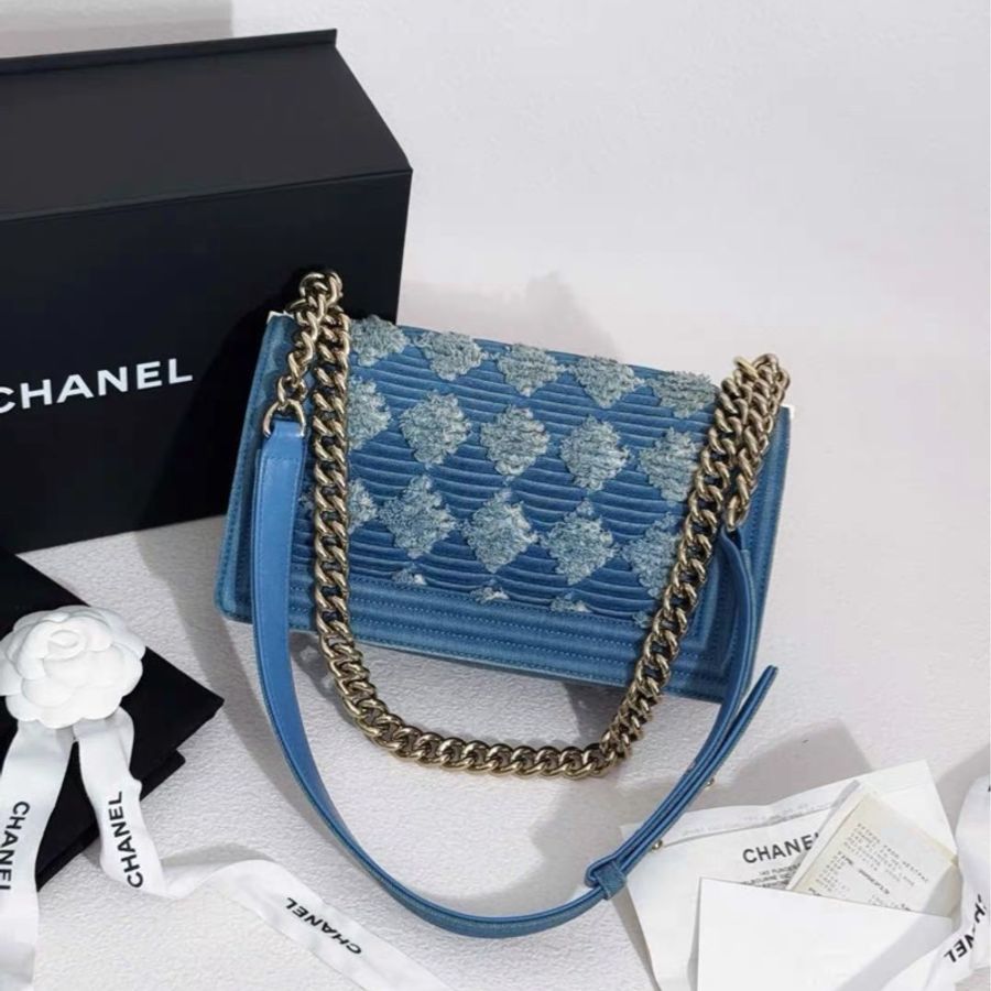 Chanel • 經典淺牛仔拼粗毛呢銀釦Le Boy 25 中號 🈶購證-3