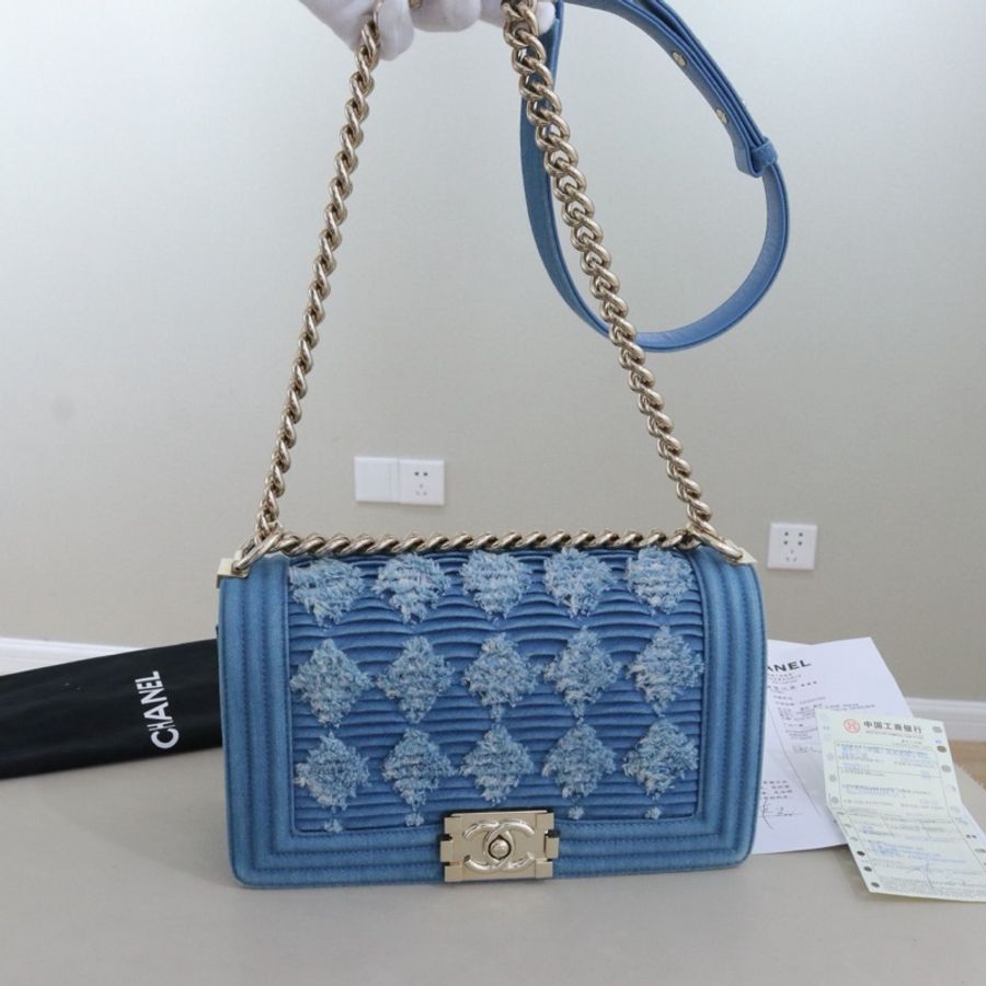 Chanel • 經典淺牛仔拼粗毛呢銀釦Le Boy 25 中號 🈶購證-4