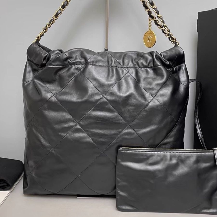 百搭神包在這‼️ CHANEL 22 BAG中號黑色全皮白扣包-3