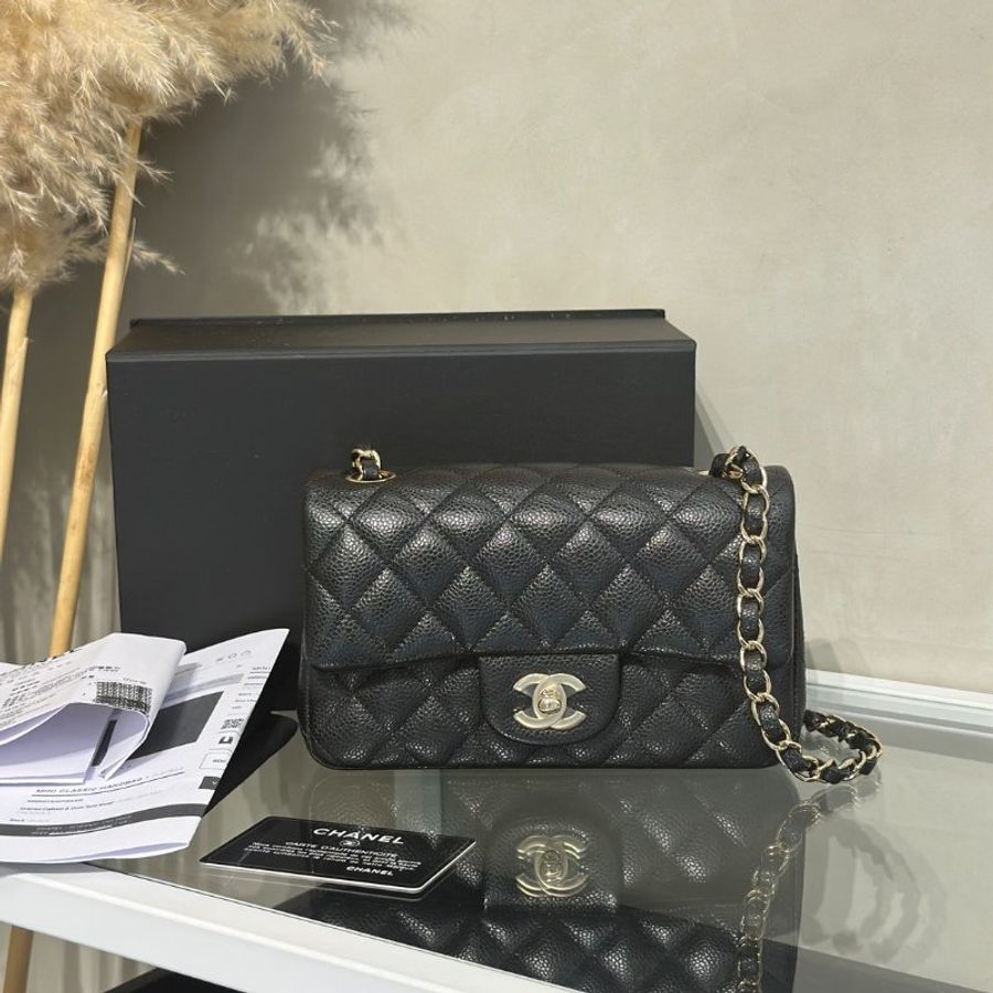 CHANEL 經典口蓋包Mini CF20 - 粒面牛皮黑金25開-9